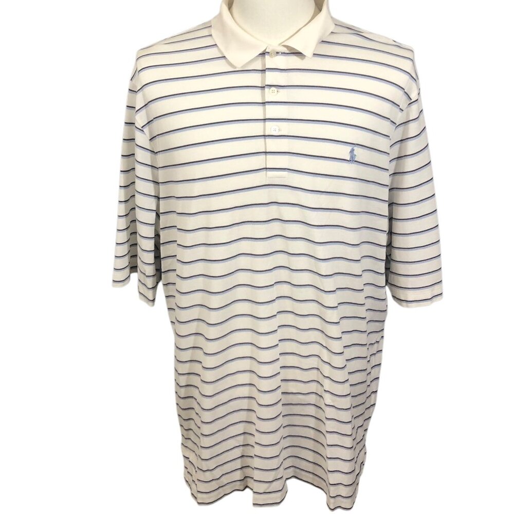 Polo Golf Ralph Lauren Polo Shirt Mens White And Blue Striped Pima Cotton 100%